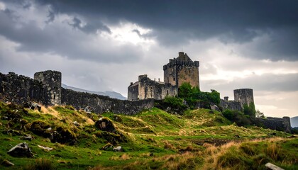 Obraz premium Ancient castle on a hill under a stormy sky