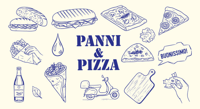 Panni & Pizza vector illustration set. Hand drawn blue line art of Italian street food like panini, pizza, and wraps for restaurant, menu, and fast casual design.