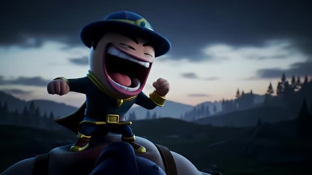 Cartoon wizard triumphs against a stormy sky, fists raised in victory and teeth bared