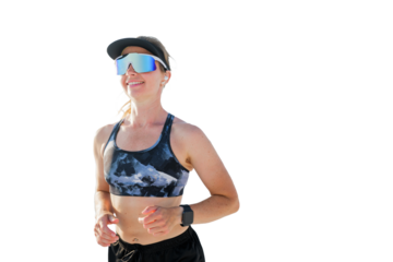 Joyful woman runs along a bright sandy beach exercise, transparent background.