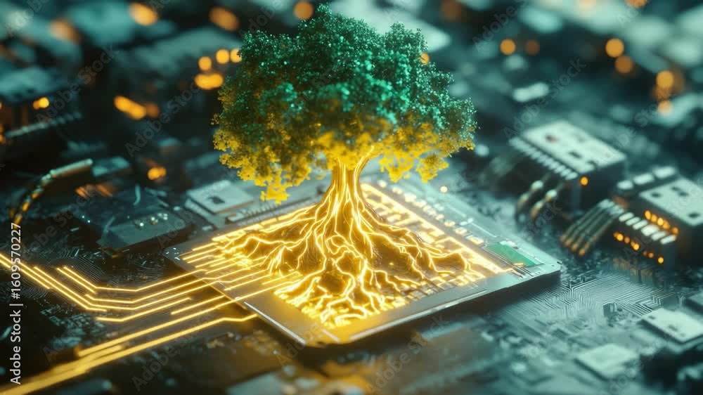 Aufkleber tree growing from circuit board with glowing roots connecting technology and nature in a futuristic 