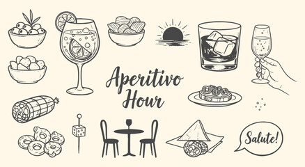 Aperitivo Hour vector illustration set. Hand drawn sketch of Italian food, drinks, and cocktail elements for restaurant, bar, menu, and happy hour design projects.