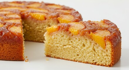 slice of ginger peach upside-down cake on a white background for bakery and dessert photography