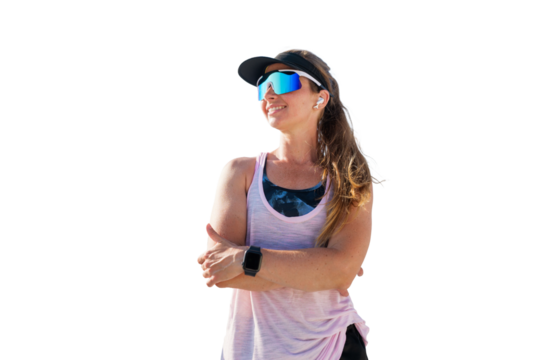 Smiling athlete enjoying a moment of relaxation during a workout session, transparent background.