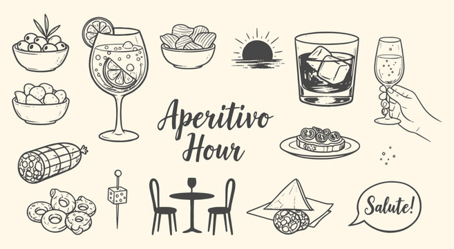 Aperitivo Hour vector illustration set. Hand drawn sketch of Italian food, drinks, and cocktail elements for restaurant, bar, menu, and happy hour design projects.