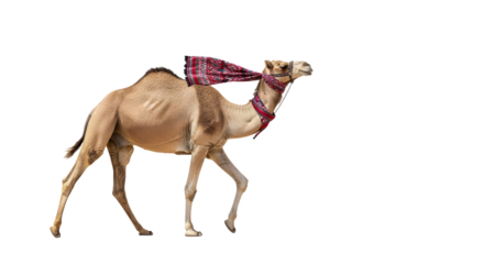 A camel with a decorative scarf walking in the desert against a black background isolated image