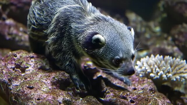 A curious bearcat with amber eyes stares forward amidst coral reef scenery