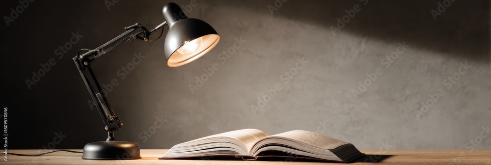 Poster warm desk lamp illuminating open textbook on wooden surface with balanced shadows in a quiet study s