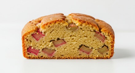 slice of rhubarb ginger cake isolated on a white background for food and culinary use