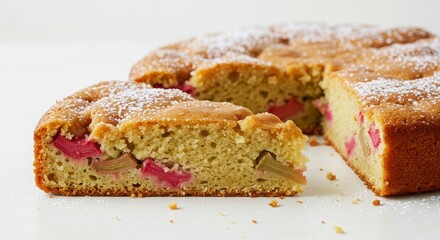 slice of rhubarb ginger cake isolated on white background for dessert and bakery concepts