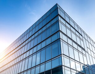 Modern glass office building against a blue sky