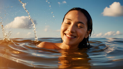 A serene and joyful scene of a person with a gentle smile and closed eyes, surrounded by warm sunlit water, with soft ripples and subtle waves, set against a clear blue sky with a few puffy white clou