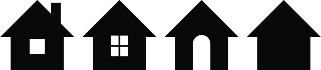 Minimal set of black house and home silhouettes, isolated on white background, ideal for real estate, architecture, and housing icons