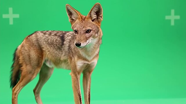 Jackal stands alert, poised against a bright green screen backdrop with crosshair markers