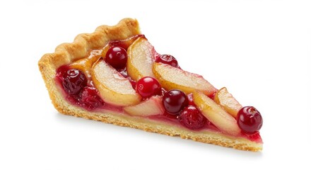 slice of cranberry pear tart isolated on a white background for bakery and dessert photography