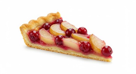 slice of cranberry pear tart isolated on white background for food photography and dessert concepts