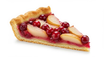 Isolated slice of cranberry pear tart on a white background for bakery and dessert photography