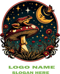 Mystic Toadstool Dreamscape Psychedelic Celestial T-Shirt Design with Vintage Toad, Crescent Moon & Wildflowers on Black .