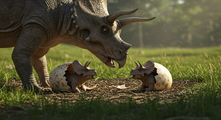 Fototapeta premium baby dinosaur hatching an egg with sibling in the jungle and forest 