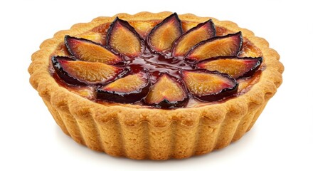 roasted plum tartlet isolated on white background for food photography or dessert recipes