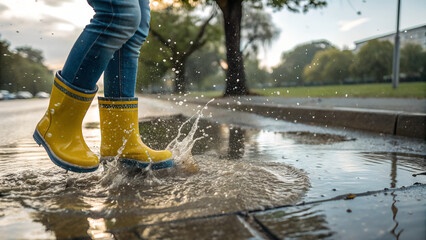 feet in rubber boots rain puddle, fun in the rain, lifestyle
