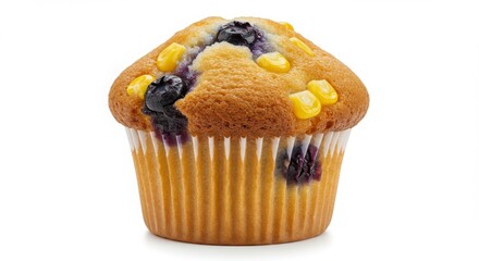 sweet corn and blueberry muffin isolated on a white background for culinary and dessert related projects