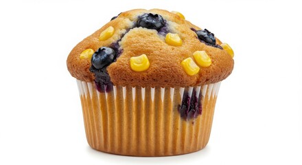 sweet corn and blueberry muffin on a white background isolated for bakery and dessert photography
