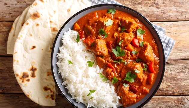 Chicken curry, rice, and naan