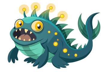 A humorous and colorful cartoon illustration of an anglerfish with a glowing lure, large eyes, and a wide mouth full of sharp teeth. 