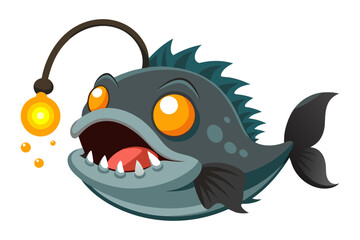 A humorous and colorful cartoon illustration of an anglerfish with a glowing lure, large eyes, and a wide mouth full of sharp teeth. 