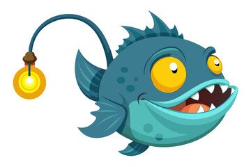 A humorous and colorful cartoon illustration of an anglerfish with a glowing lure, large eyes, and a wide mouth full of sharp teeth. 