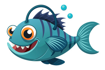 A humorous and colorful cartoon illustration of an anglerfish with a glowing lure, large eyes, and a wide mouth full of sharp teeth. 