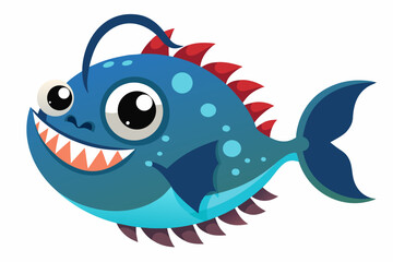 A humorous and colorful cartoon illustration of an anglerfish with a glowing lure, large eyes, and a wide mouth full of sharp teeth. 