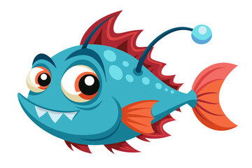 A humorous and colorful cartoon illustration of an anglerfish with a glowing lure, large eyes, and a wide mouth full of sharp teeth. 