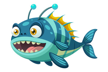 A humorous and colorful cartoon illustration of an anglerfish with a glowing lure, large eyes, and a wide mouth full of sharp teeth. 