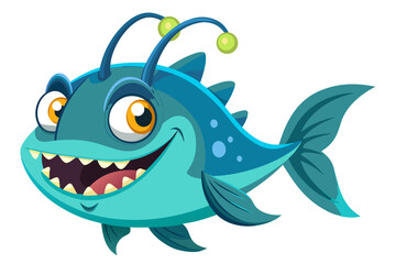 A humorous and colorful cartoon illustration of an anglerfish with a glowing lure, large eyes, and a wide mouth full of sharp teeth. 