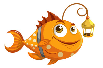 A humorous and colorful cartoon illustration of an anglerfish with a glowing lure, large eyes, and a wide mouth full of sharp teeth. 