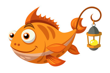 A humorous and colorful cartoon illustration of an anglerfish with a glowing lure, large eyes, and a wide mouth full of sharp teeth. 