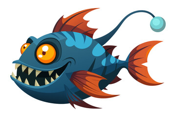 A humorous and colorful cartoon illustration of an anglerfish with a glowing lure, large eyes, and a wide mouth full of sharp teeth. 
