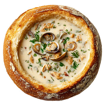 Clam Chowder Served in a Bread Bowl, Garnished with Parsley and Clam Shells