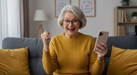 Excited Senior Woman Looking at Her Mobile Phone Joyfully At Home