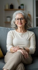 Happy Older Woman With Gray Hair Smiling While Resting Indoors Comfortably