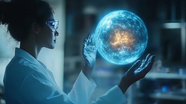 Woman in lab coat and glasses examining a glowing orb in a futuristic laboratory setting - Powered by Adobe