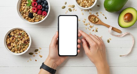 Person Checking Phone With Food And Health Related Items Nearby