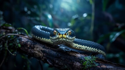 Fototapeta premium Close up of a striking green pit viper snake with intense yellow eyes coiled on a mossy branch in a lush dark jungle with soft blue light