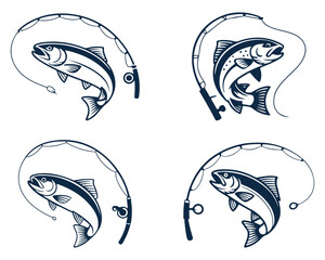Fishing Logo Set with Fish and Rod – Vintage Angler Emblem Vector Collection