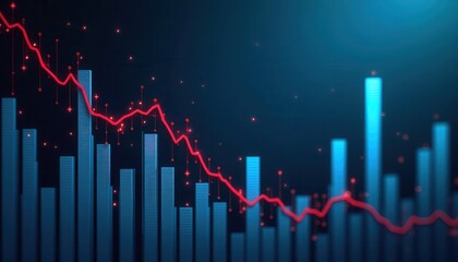 A 3D-style graph shows rising blue bars and a red upward-trending line with various milestone icons, symbolizing business growth, progress tracking, and successful data-driven strategies