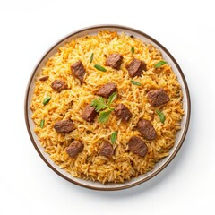Delicious biryani rice topped with flavorful beef served on a plate, elegantly placed in the corner of the frame, perfect for food photography.