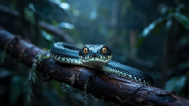 Close up of a coiled python snake with striking yellow eyes resting on a mossy tree branch in a dark atmospheric jungle setting