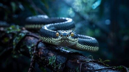 Close up of a coiled dark colored snake with striking yellow eyes and patterned scales resting on a mossy branch in a dimly lit jungle environment